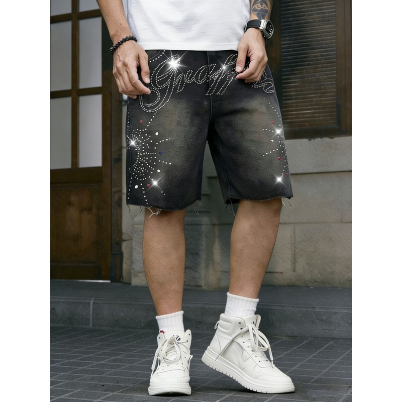 Shorts Denim Frayed - Amerikanische Streetwear Herren Nicht-Dehnbare Denim-Shorts mit