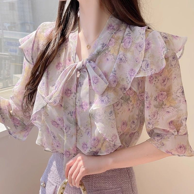 Romper Floral Print - Damen-Bluse aus Chiffon mit Blumenschleife und