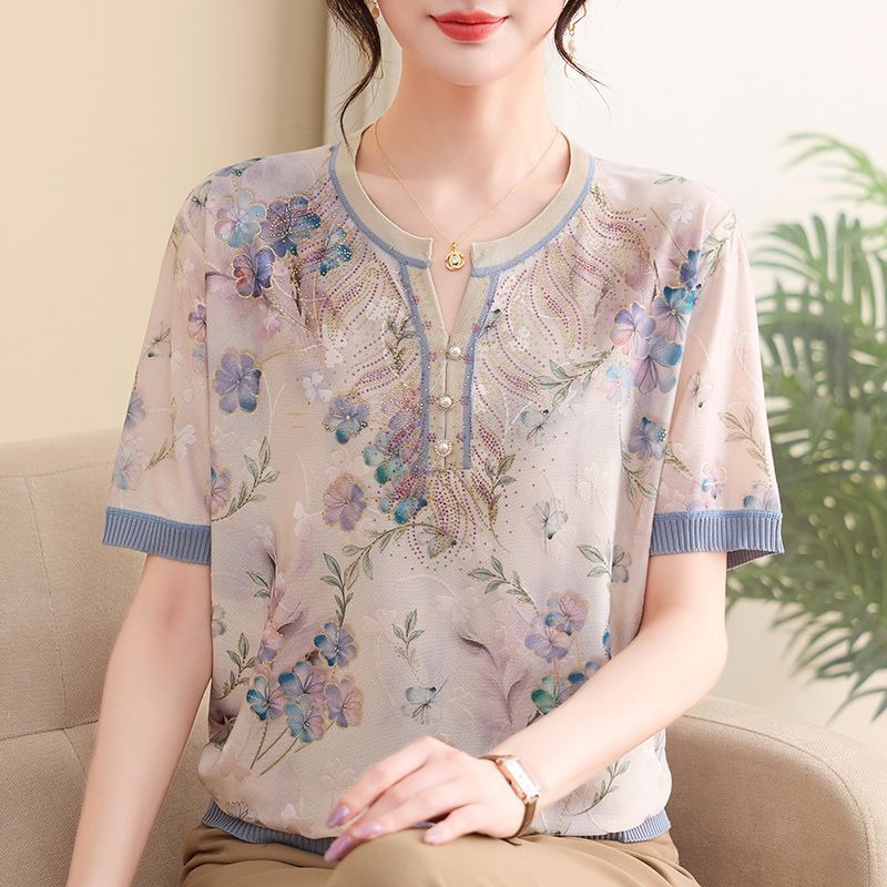 Romper Floral Print - Elegante Damen-Bluse aus Eisseide mit Blumenmuster,