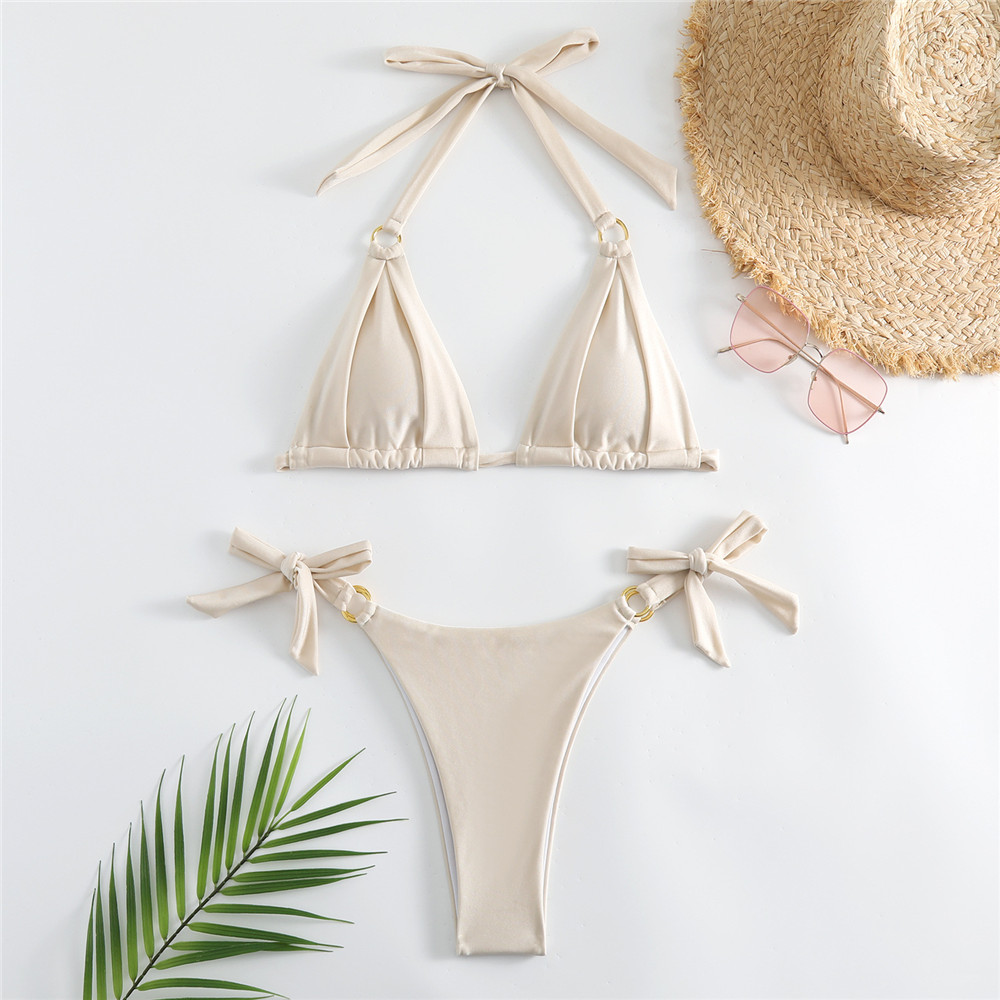 Swimsuit Bikini Ruched - Weiße geraffte Schleife, geknotete Badebekleidung, Neckholder,