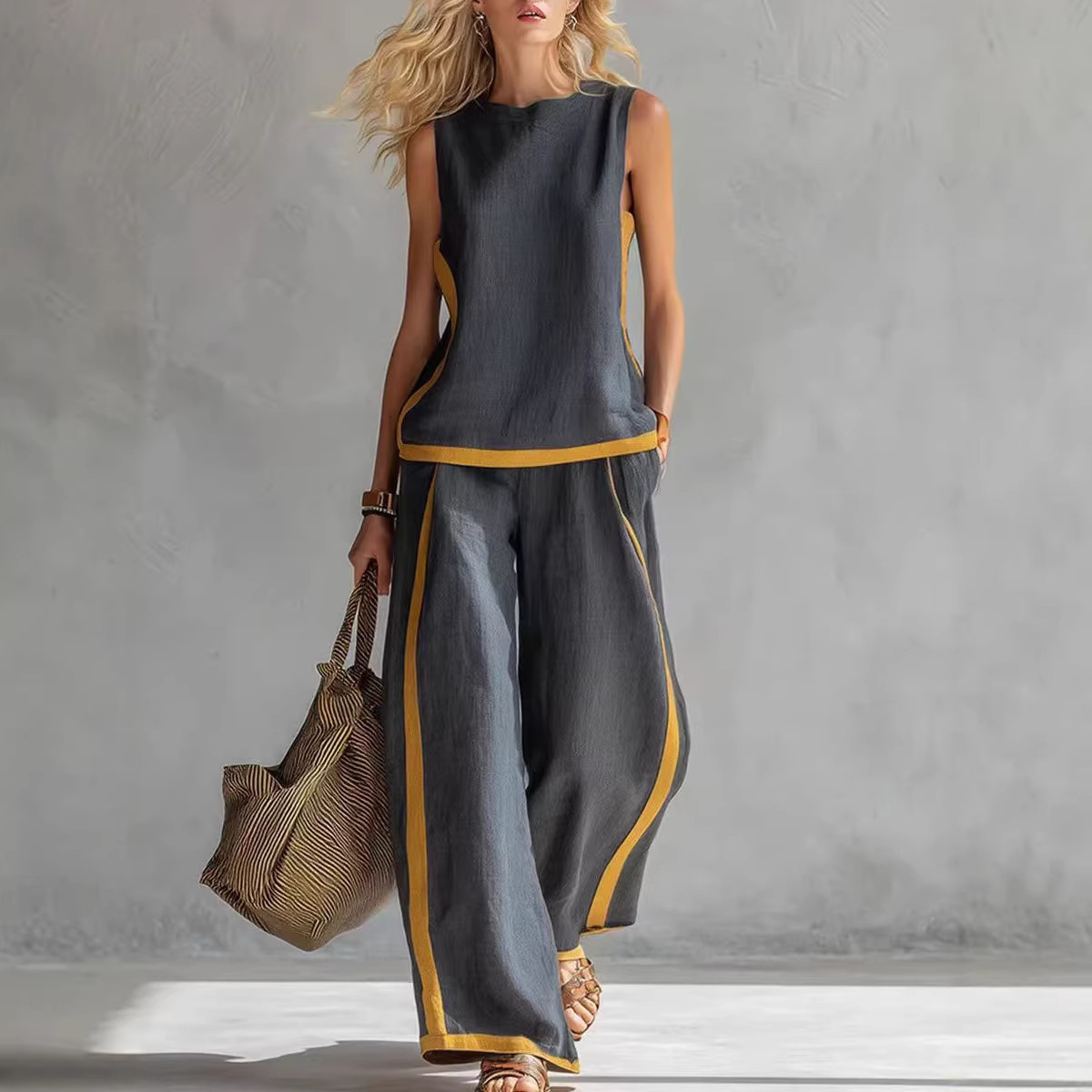 Linen Pant Wide - Damen Leinen 2-Teiliges Set Farbblock Ärmelloses