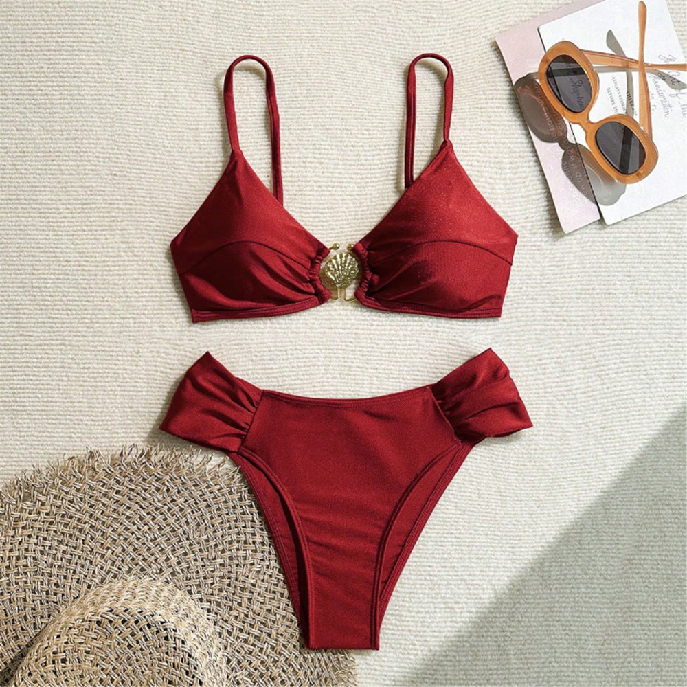 Swimsuit Bikini Ruched - Metallring-Badeanzug Sexy Weinroter Bikini-Set Badeanzug Damen