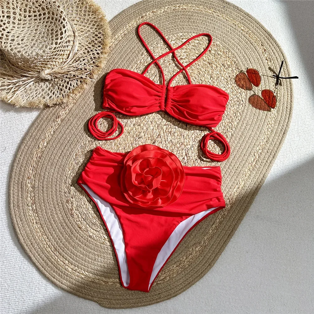 Sexy rote 3D-Blumen-Bademode,  – Swimsuit Bikini Ruched Bewertung und Preis