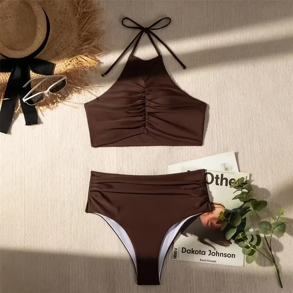 Dunkelbraune Einfarbige Bademo – Swimsuit Bikini Ruched Bewertung und Preis